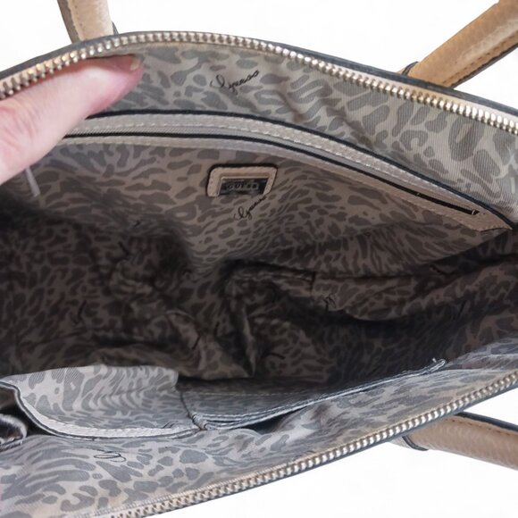 GUESS Garland Ivory Faux Pebbled Leather Tote Bag – Leopard Lining, Silver Chain - Picture 10 of 16